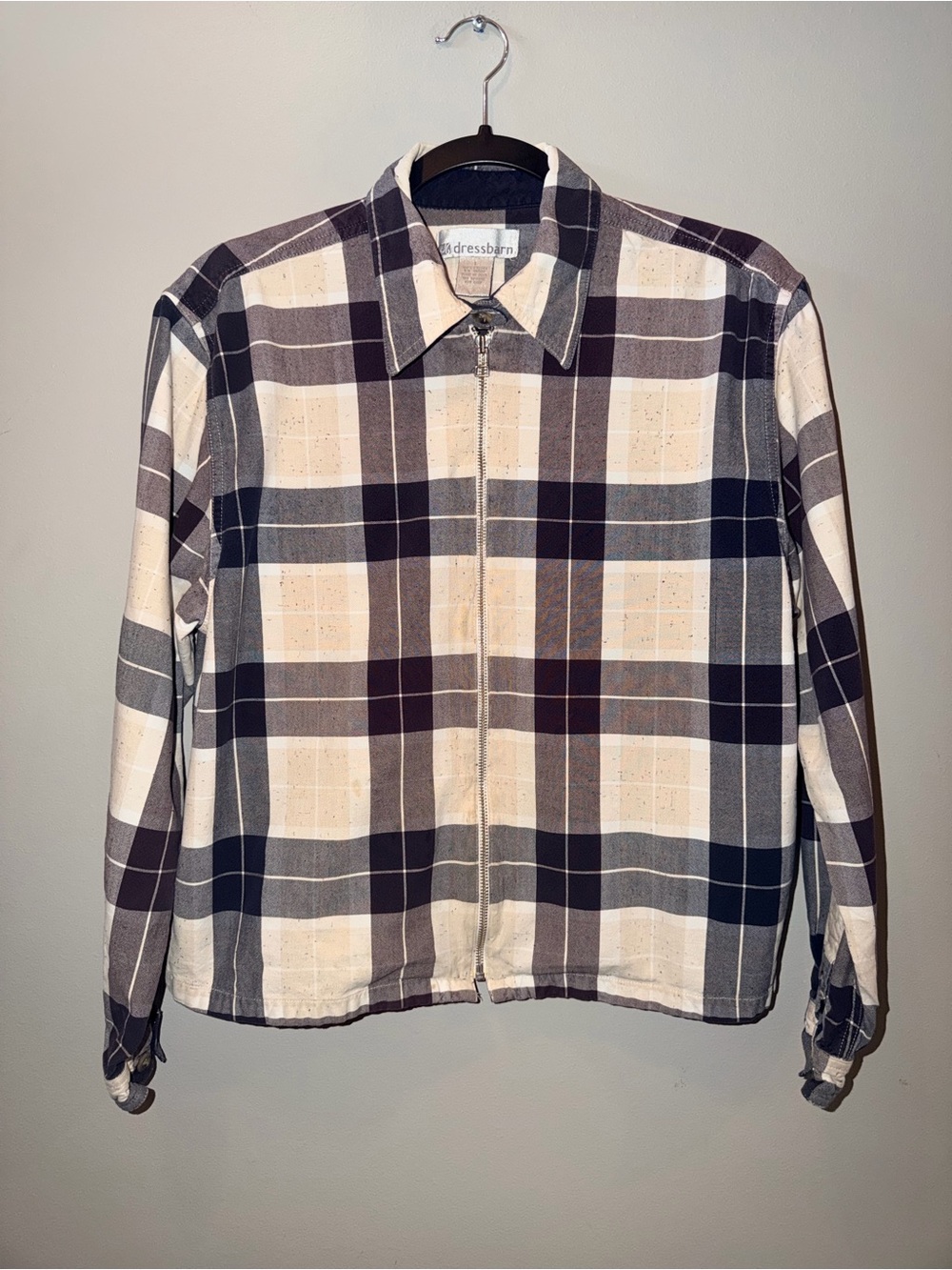 dressbarn Plaid Zip-Front Button Down Shirt Jacket in Cream and Gray shacket